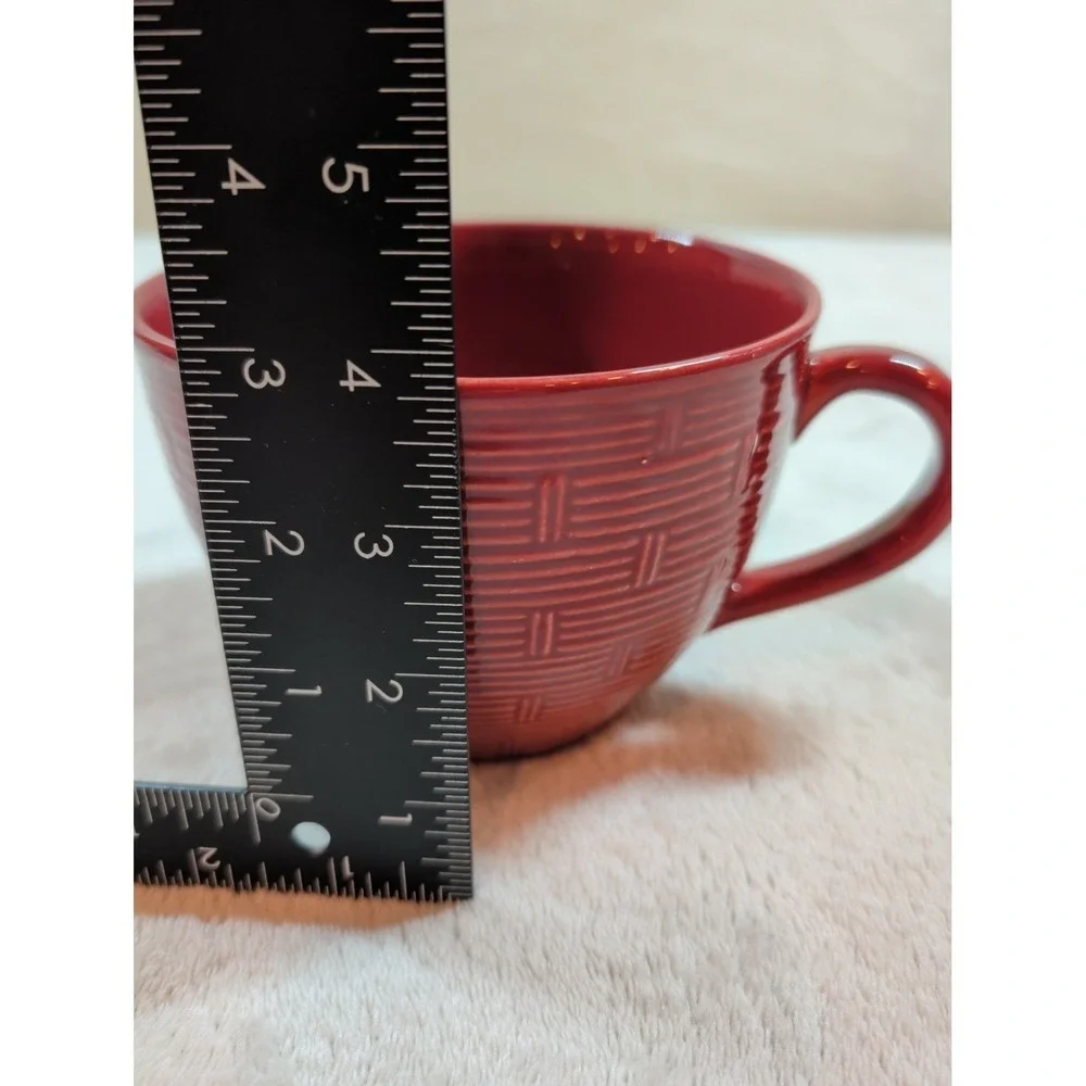 Pier 1 Rattan Weave Red Earthenware Coffee Mugs‎ Set of 2 Burgundy Basketweave